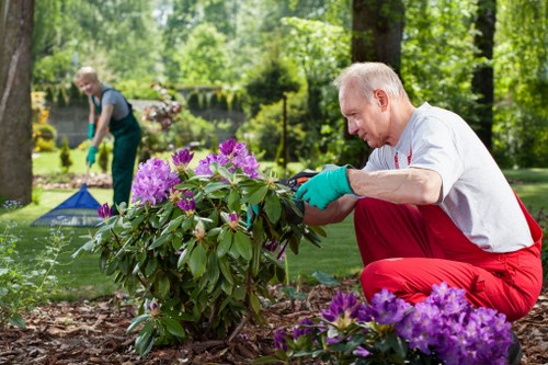 Garden maintenance team preparing equipment for corrective work